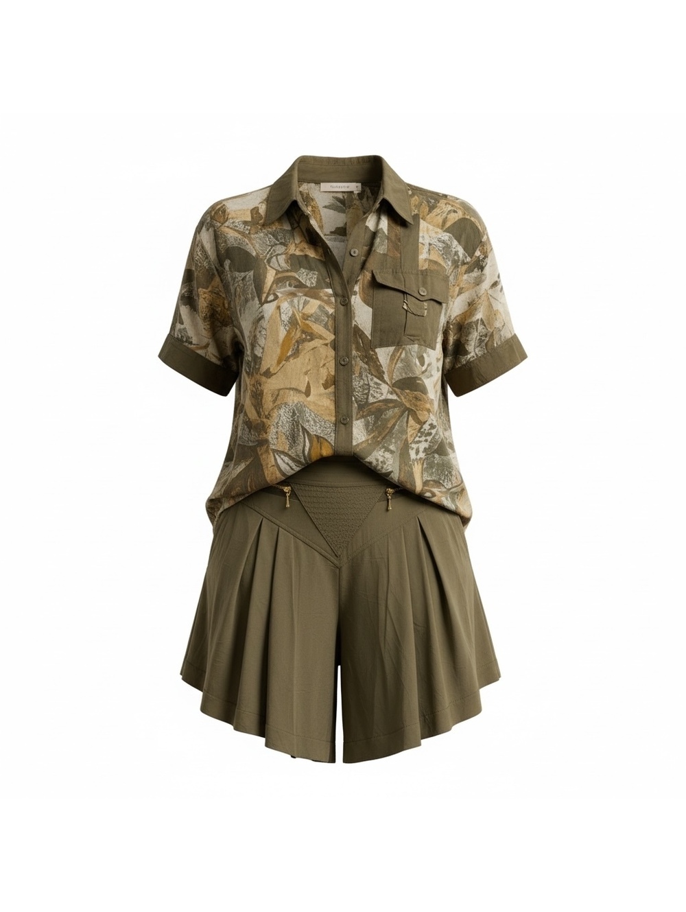 Cache Olive Abstract Print Top & Shorts Set